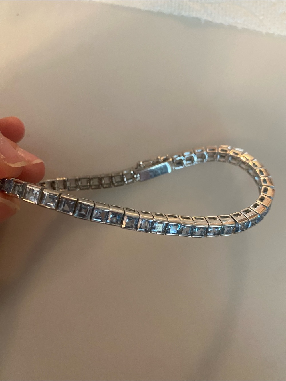 Sterling Silver Princess Cut Blue Gemstone (Aquamarine? Topaz?) Tennis Bracelet